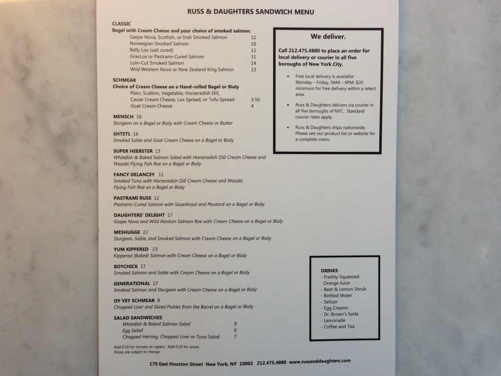 Russ & Daughters Menu - check out the sandwich names!