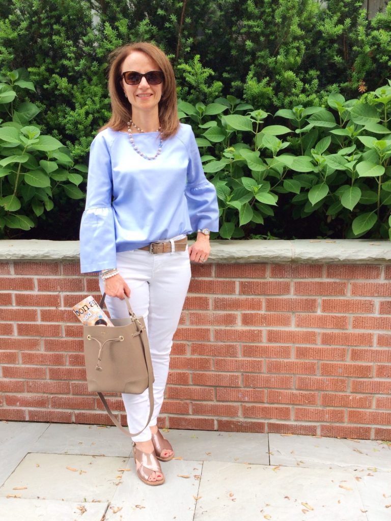 Bell Sleeve Top from Banana Republic; Furla Stacy Bucket Bag